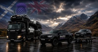 RAPD Vehicles on wet road with dramatic cloudy sky and mountains.