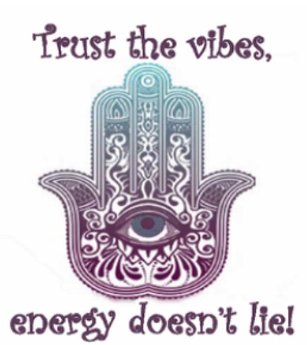 Intricate Hamsa hand with an eye, captioned 'Trust the vibes, energy doesn't lie!'