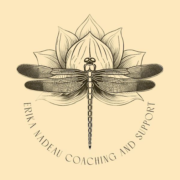 Detailed dragonfly illustration with lotus flower and coaching text.