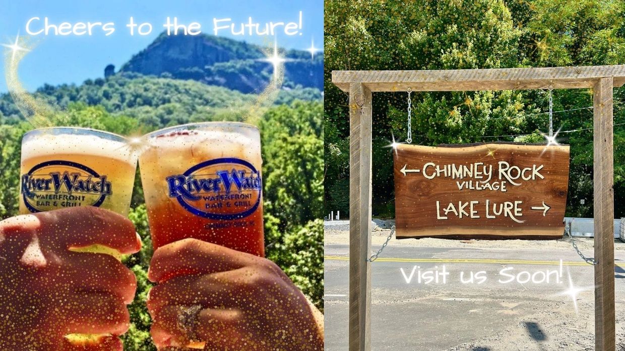 RiverWatch beer glasses cheering to Chimney Rock State Park in background