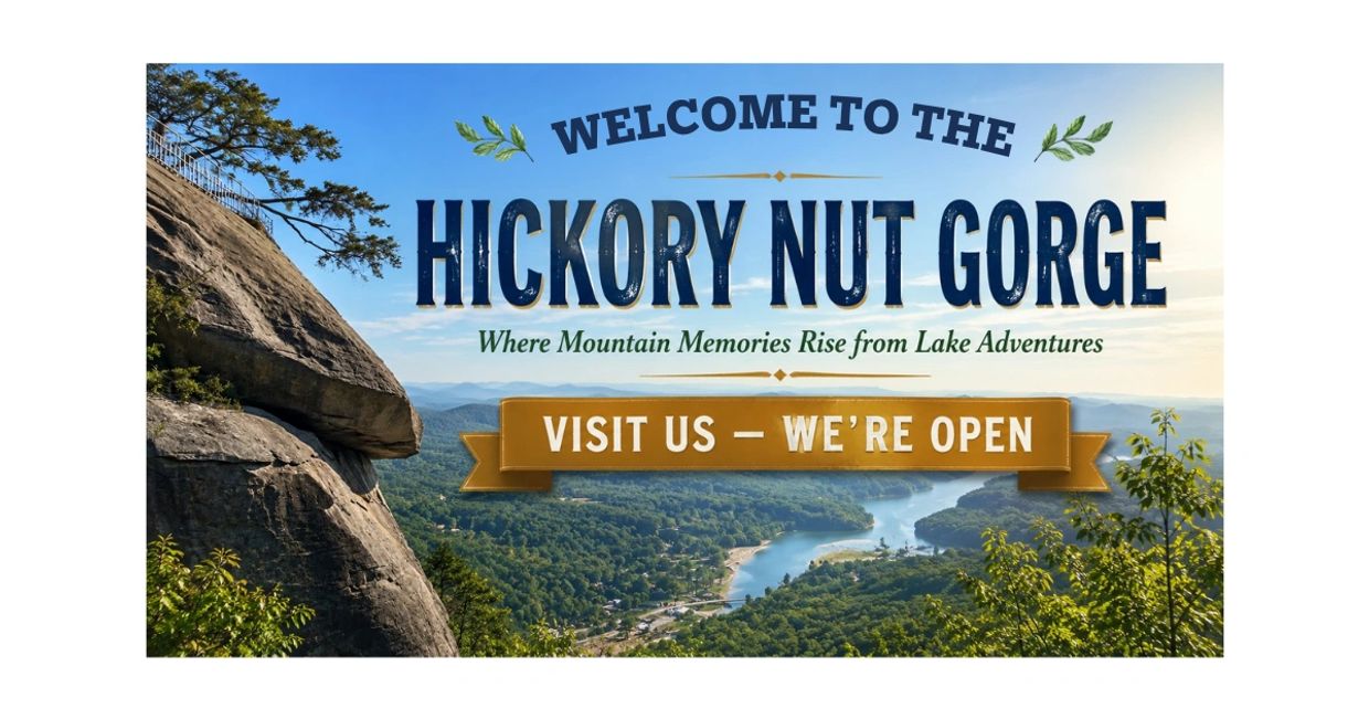 Welcome to Hickory Nut Gorge with scenic mountain and lake views, now open for visitors.