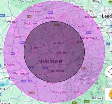 Map showing concentric coverage circles around Manchester in England.