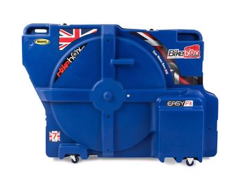 A blue hard-shell Bikebox bicycle transport case with wheels and branding.
