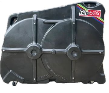 Black hard-shell bike transport case with colorful Bike Box logo.