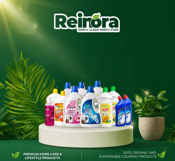 Reinora cleaning products with natural and organic theme.