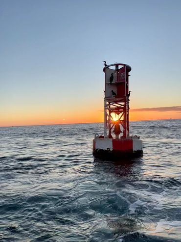 Sunset behind a buoy with birds perched, floating on the ocean.