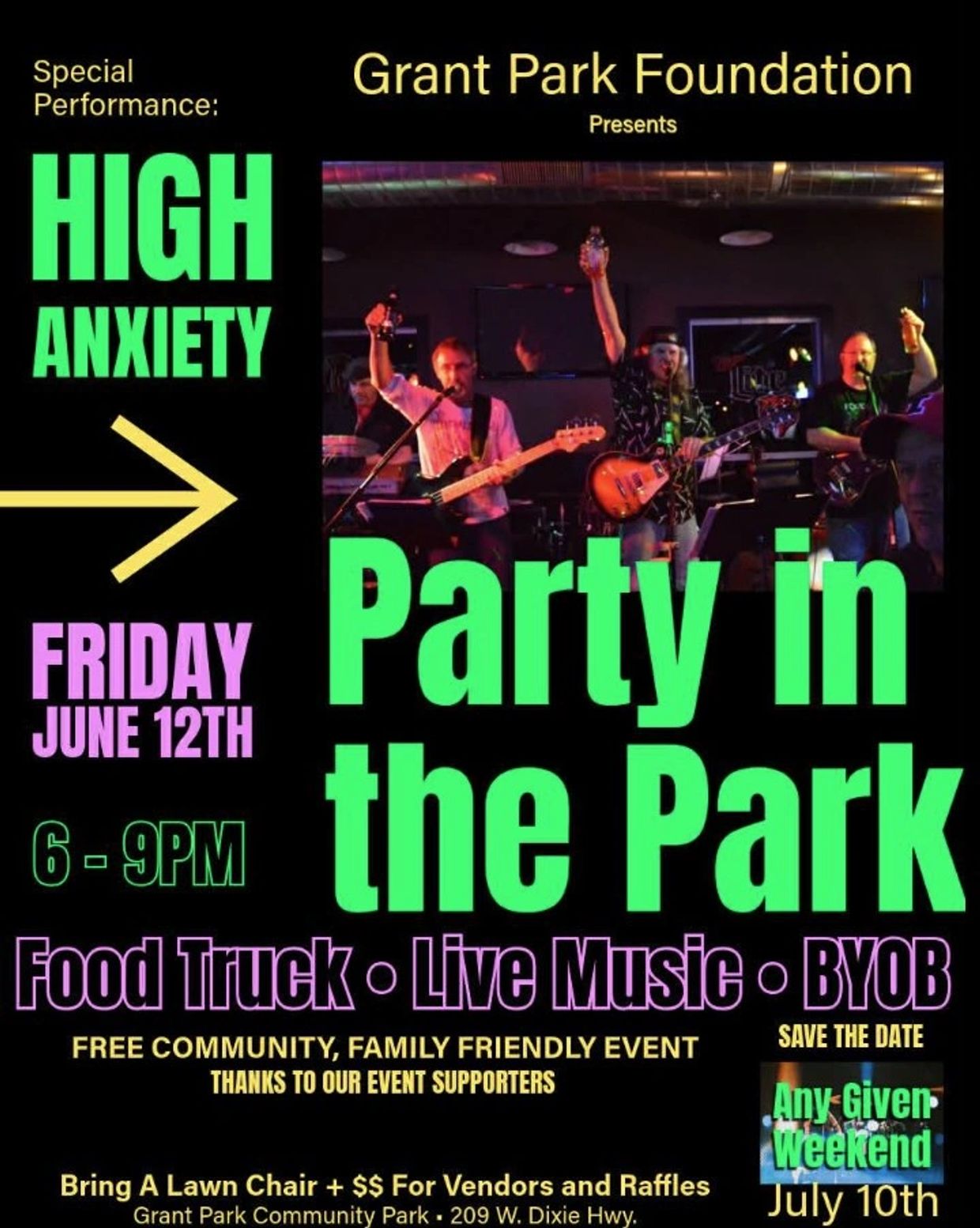 Grant Park Foundation presents Party in the Park with live music and food trucks.