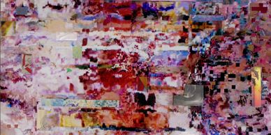 Colorful abstract digital glitch art with fragmented pixels and distorted patterns.
