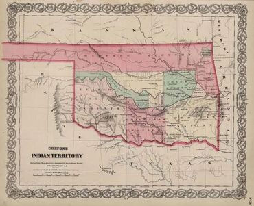 Antique map of Indian Territory with color-coded regions and ornate border.
