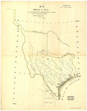 Historic 1845 sketch map of Texas showing borders and rivers.