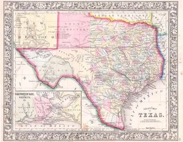 Vintage county map of Texas with detailed borders and an inset of Galveston Bay.