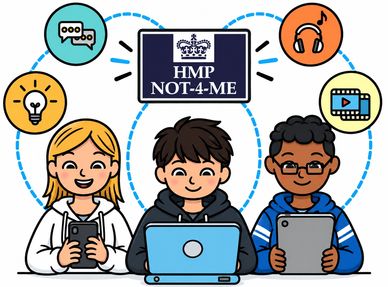 Three kids using digital devices connected to HMP NOT-4-ME.
