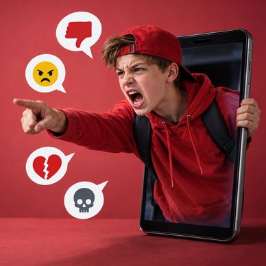 Angry young man yelling through a smartphone screen with negative emojis.