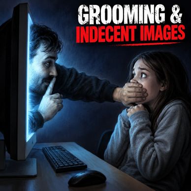 A man emerging from a screen silencing a scared girl, highlighting grooming dangers.