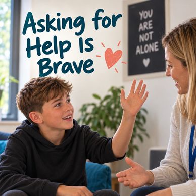 A boy and woman with motivational texts about seeking help and support.