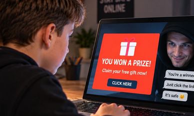 A boy looking at a laptop screen showing a prize scam.