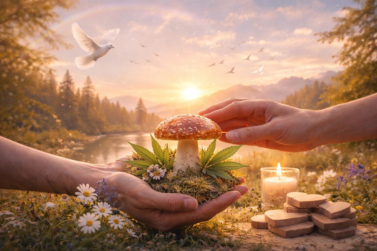 Hands gently holding a mushroom with nature and a sunset in the background.