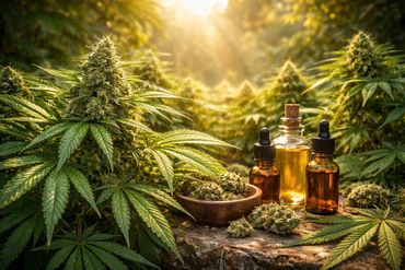 Cannabis plants and essential oil bottles in a sunlit garden.