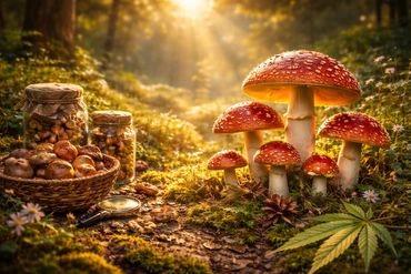 Sunlit forest scene with red mushrooms and harvested fungi in jars and basket.