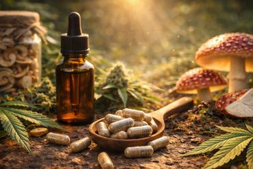 Capsules, tincture bottle, mushrooms, and cannabis leaves on a rustic surface.