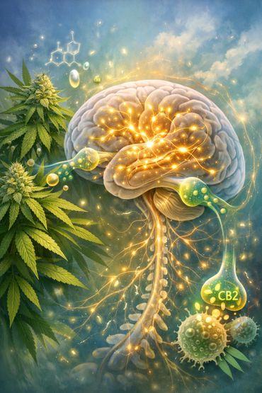 Illustration of cannabis compounds interacting with the human brain's neural network.
