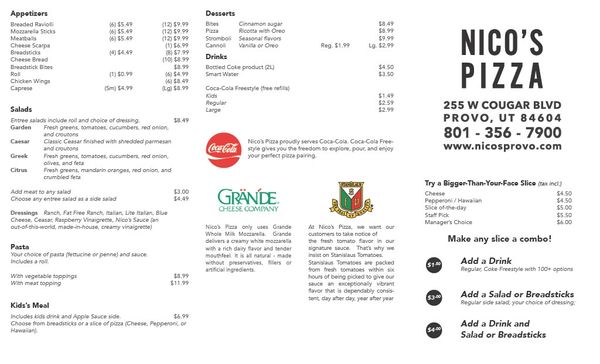 Outside of Nico's printed menu