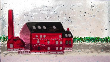 Fused glass landscape of the "Paint Factory" on Gloucester Harbor
