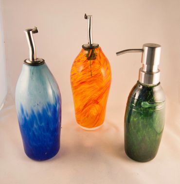 Blown glass olive oil bottles and soap/sanitizer/lotion dispensers