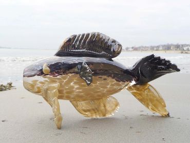Taking my blown glass fish for a walk down at the ocean