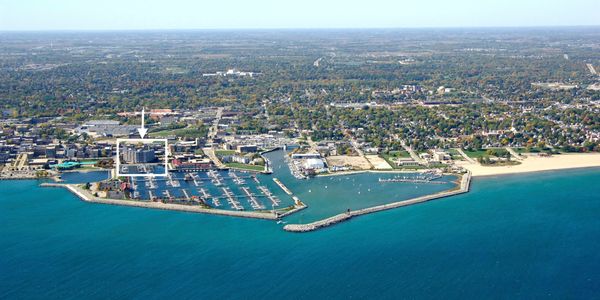Lakeshore Towers Marina aerial view toward Racine, WI