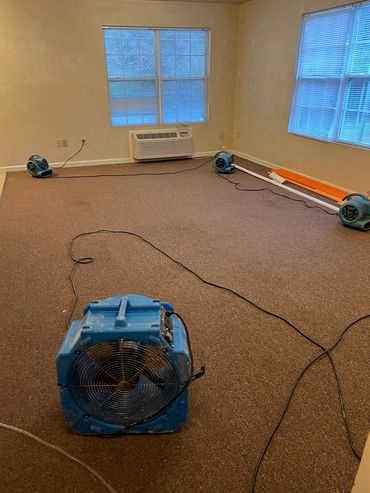 Water-damaged room undergoing professional dry-out with commercial air movers.