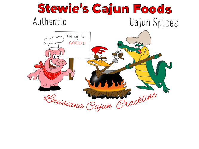 Cartoon pig, chicken, and alligator cooking Louisiana Cajun cracklins.
