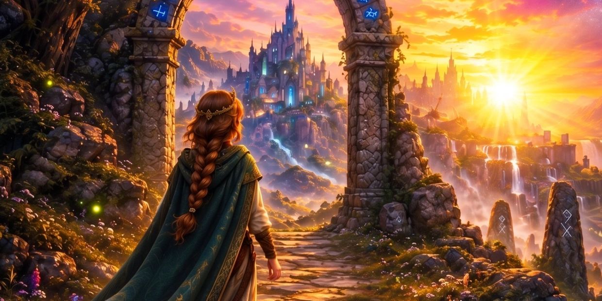 A woman enters a magical castle at sunset.