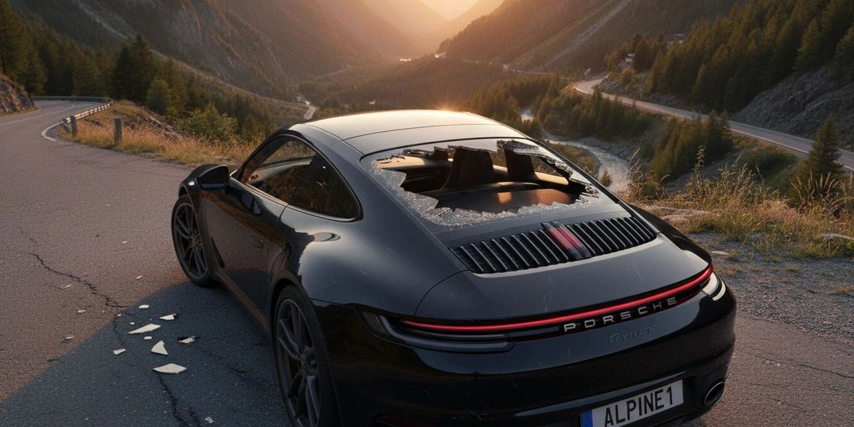 Black Porsche with shattered rear windshield parked on a mountain road at sunset.