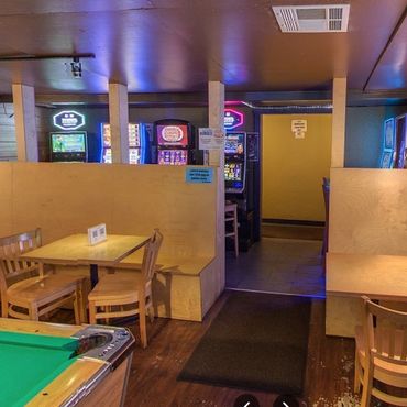 Pool tables inside Greeley Avenue Bar & Grill in the Shipyard District of Portland