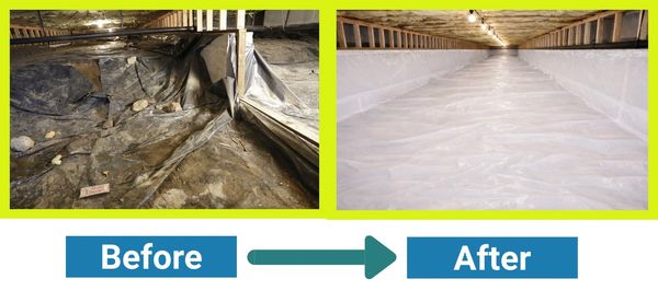Before and after images of a crawl space waterproofing project.