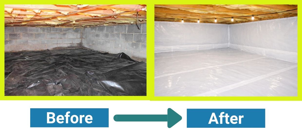 Before and after images of a basement crawl space encapsulation.