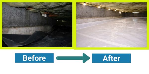 Before and after images of a crawl space encapsulation showing cleanup and moisture barrier installation.