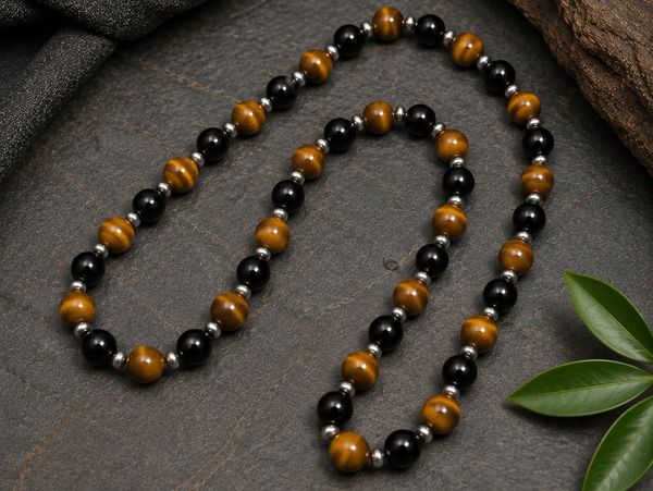 Beaded necklace with brown and black beads.