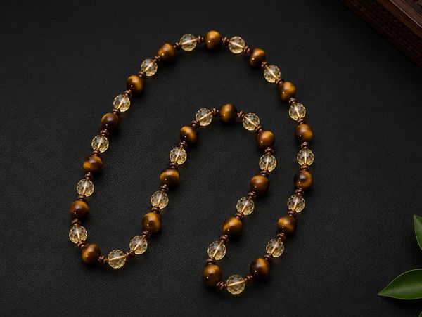 Beaded necklace with brown and clear beads on a black background.