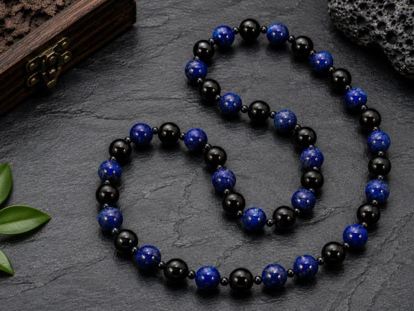 Blue and black beaded necklace on stone surface.