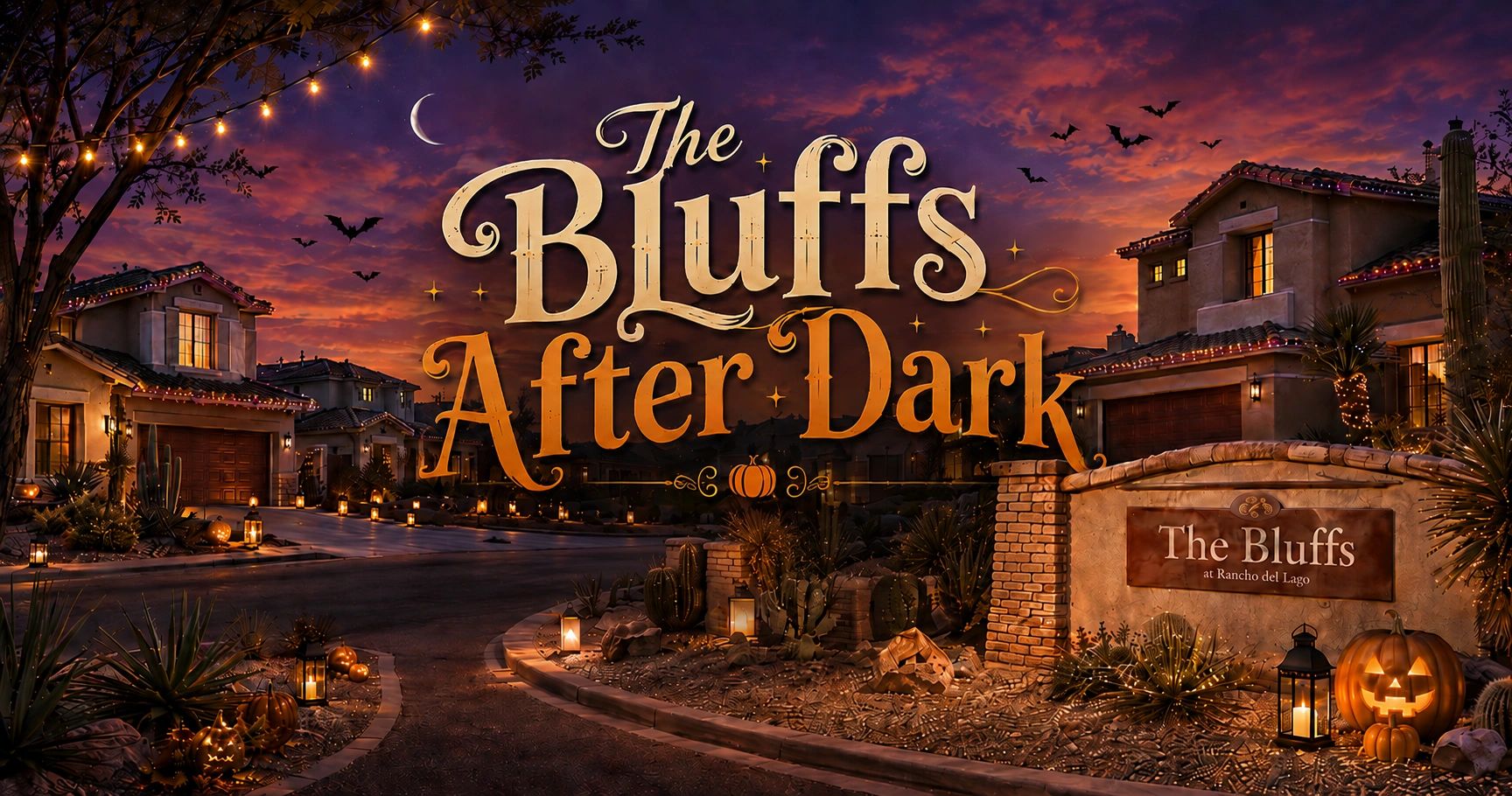 The Bluffs After Dark event artwork showing illuminated homes in The Bluffs neighborhood with pumpki