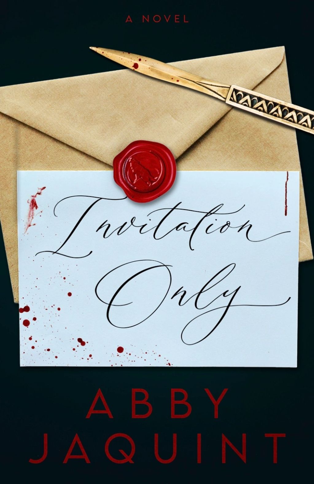 A book cover with an invitation, wax seal, and a letter opener covered in blood. 