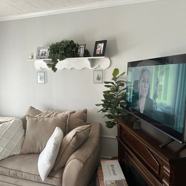 Cozy living room with beige sofa, TV on wooden stand, and decorative shelf with plants and photos.