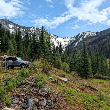 SUV parked in a mountainous forest with snow-capped peaks.