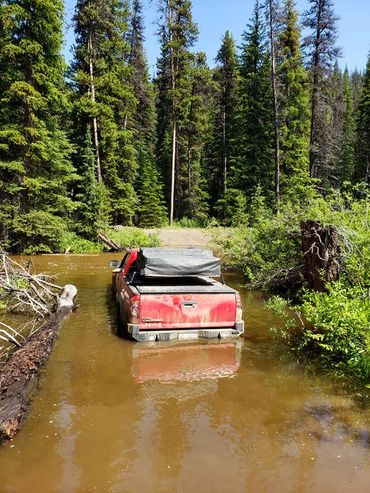 Red pickup truck driving through deep water in a forest.