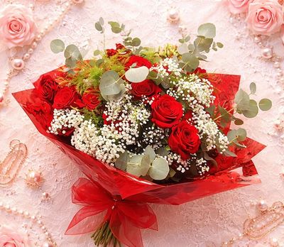 Elegant bouquet of red roses and white baby's breath wrapped in red paper.