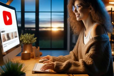 A woman looking at the YouTube logo on a computer