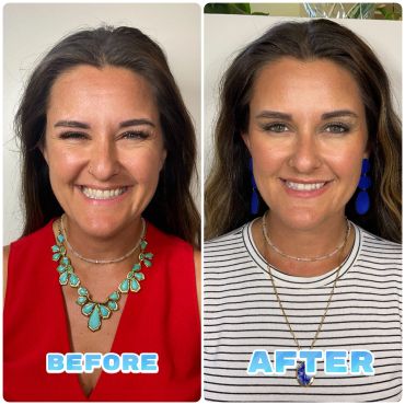 Before and after photos of a woman with different outfits and accessories.
