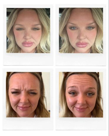 Four close-up selfies showing a woman with various facial expressions and a nose ring.